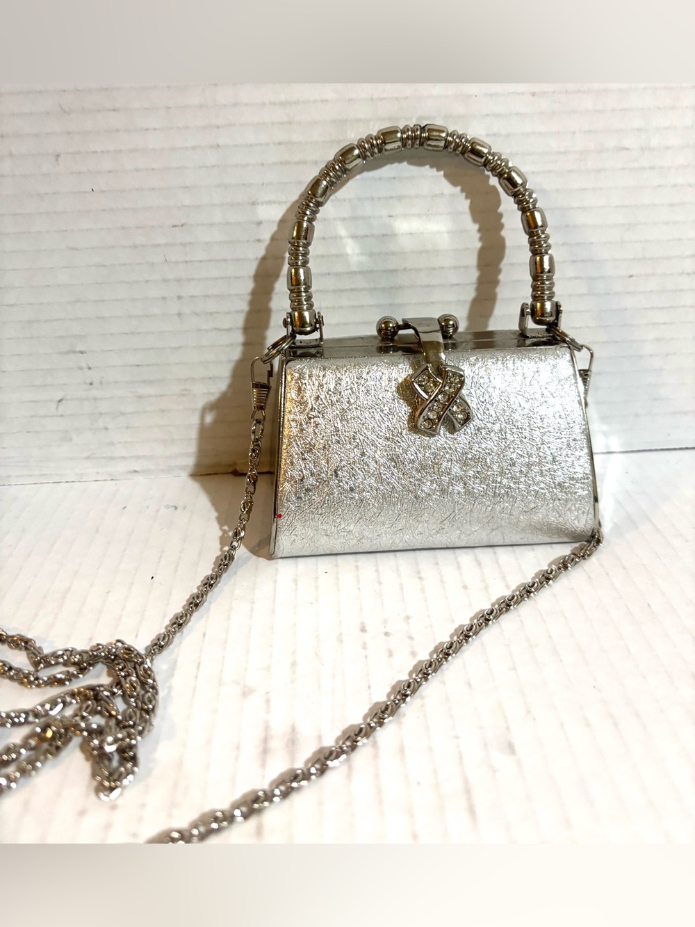 Silver Metallic Top-Handle Evening Bag with Chain - Picture 2 of 6